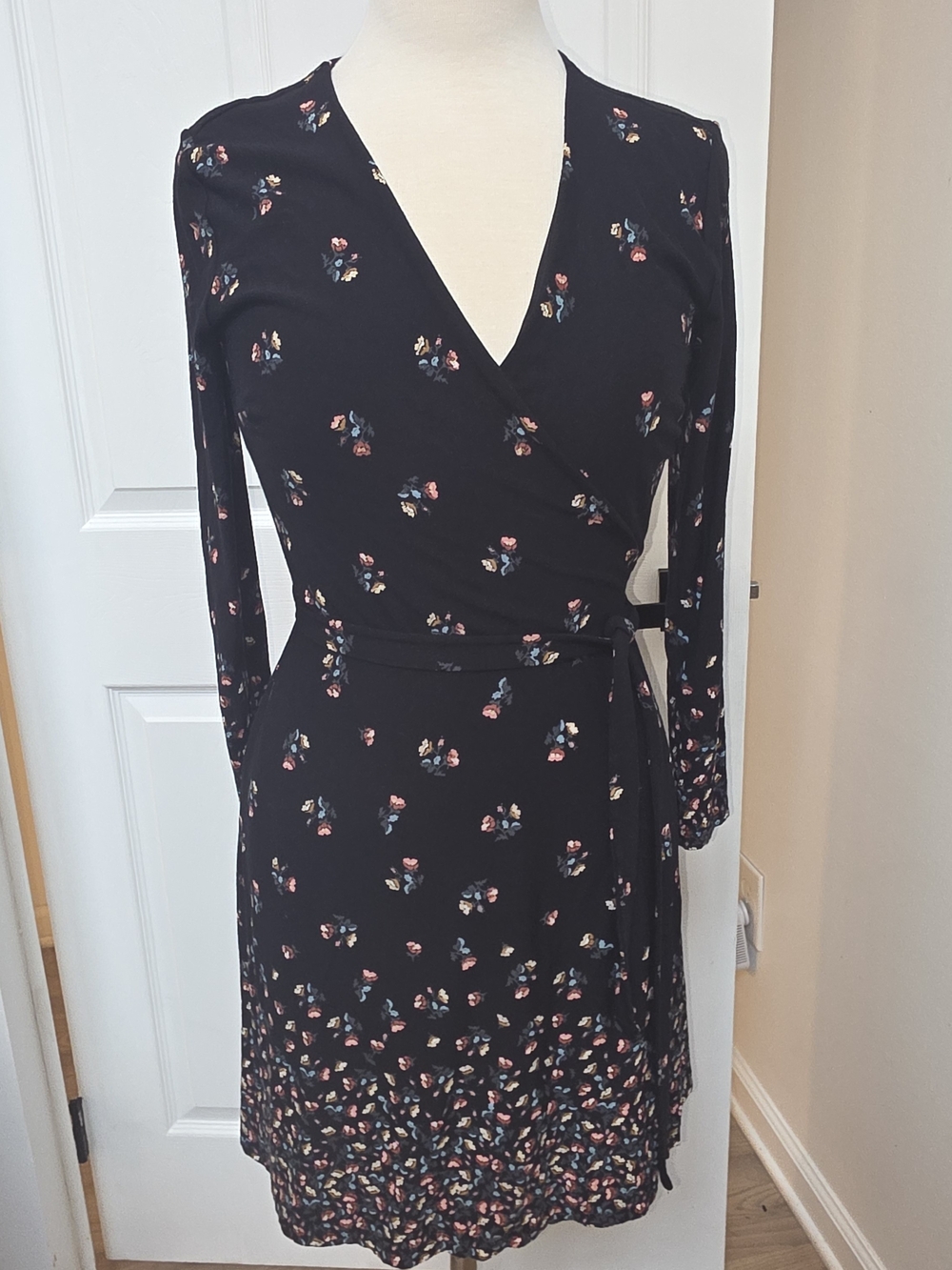 LOFT Black Floral Long-Sleeve Wrap Dress
